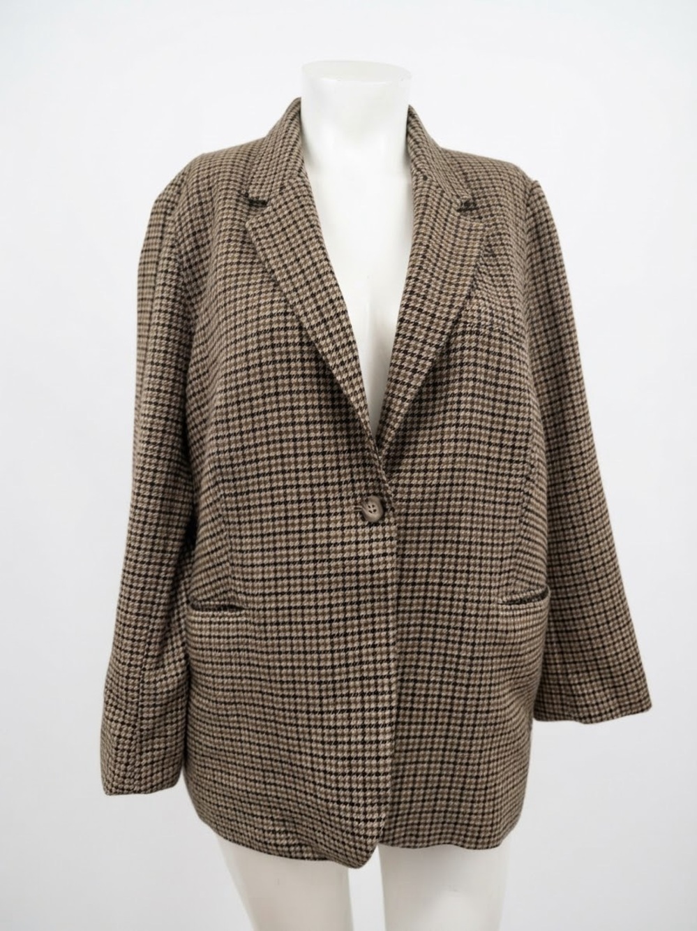 H&M Women XL Houndstooth Plaid Blazer Brown Wool Blend Oversized Boyfriend
